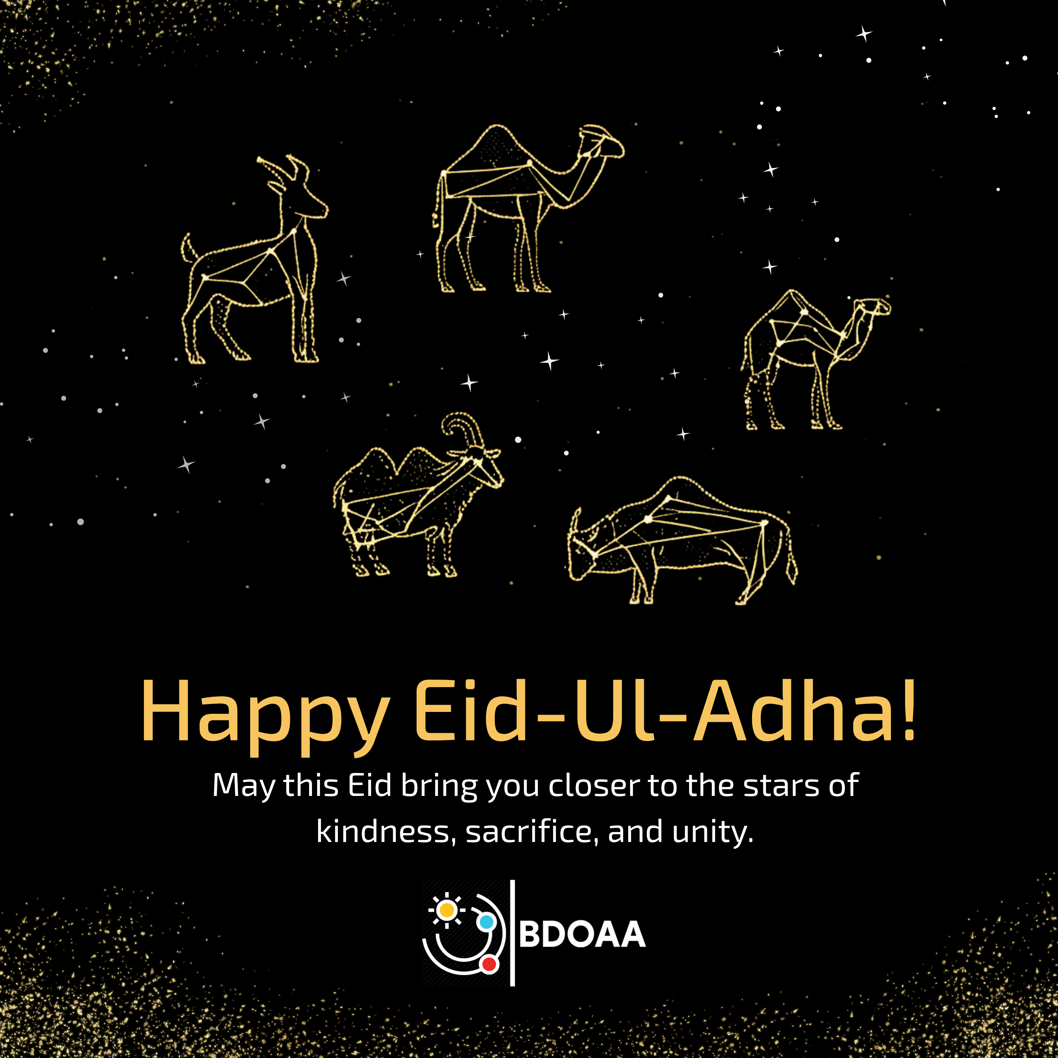 Eid Card Design of Eid-Ul-Adha by Md. Ashikur Rahman (Ayon) for Bangladesh Olympiad on Astronomy and Astrophysics (BDOAA) Representing Goat, Sheep, Cow and Camel Shaped Constellations