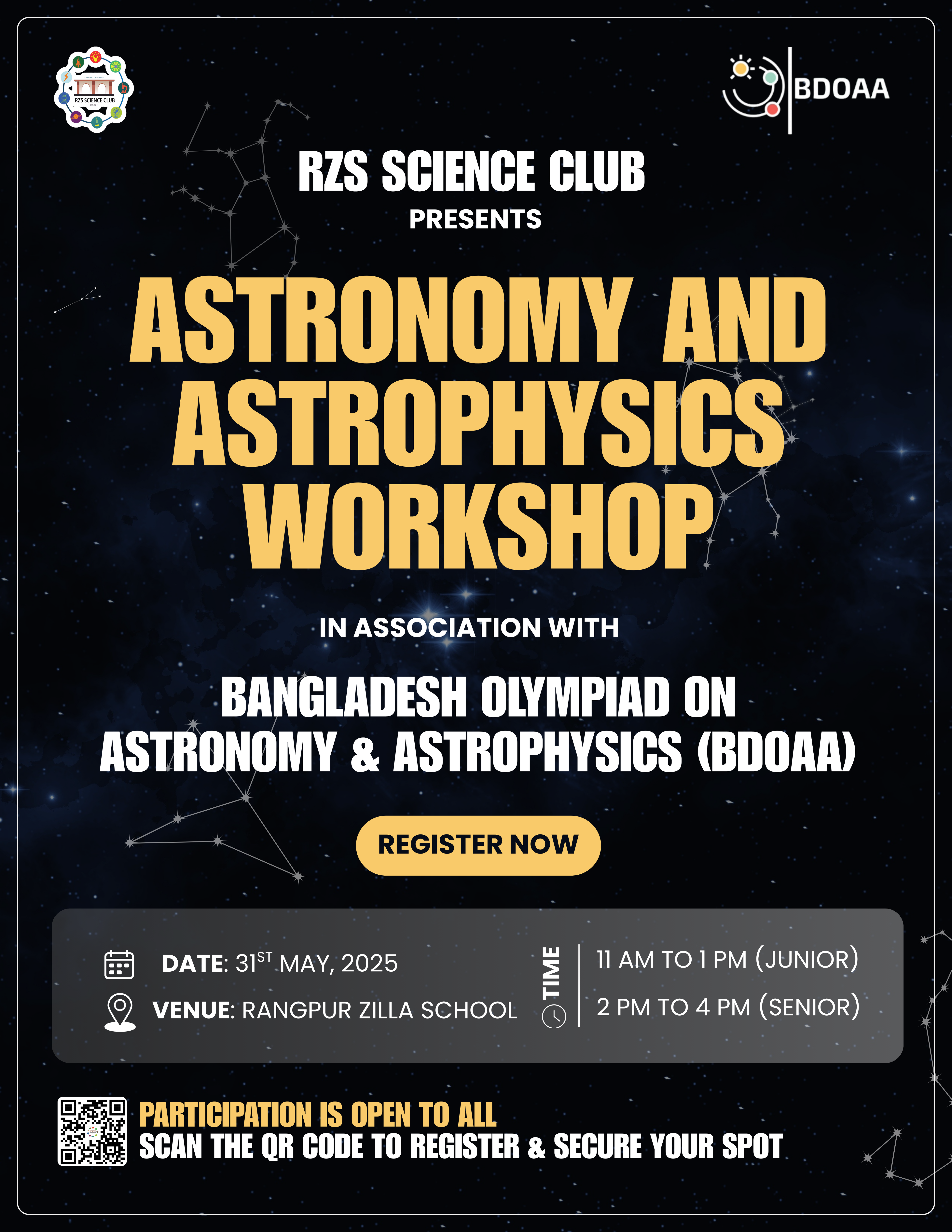 Rangpur Zilla School Science Club Presents Astronomy and Astrophysics Workshop Promotional Poster Design by Md. Ashikur Rahman (Ayon)